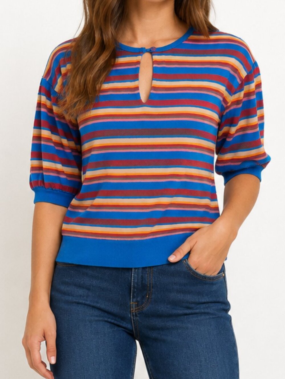 Vintage 70s Striped Top Kid Core Keyhole Puff Sleeve Loose Knit Disco Pull Over